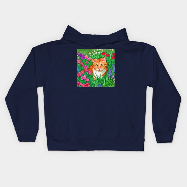 Orange Cat on Flowers Kids Hoodie by Designlee